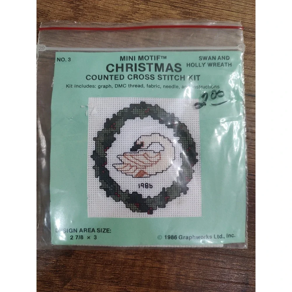 Mini Motif Christmas Cross Stitch Kit Swan And Holly Wreath Vtg NOS P108